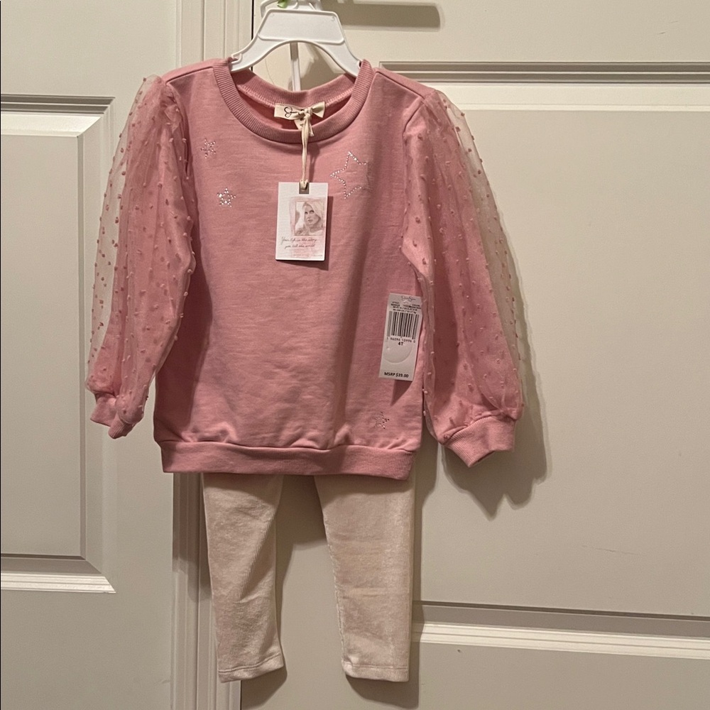 NWT Jessica Simpson Pink Long-Sleeve Top with Sheer Sleeves & Cream Leggings 4T